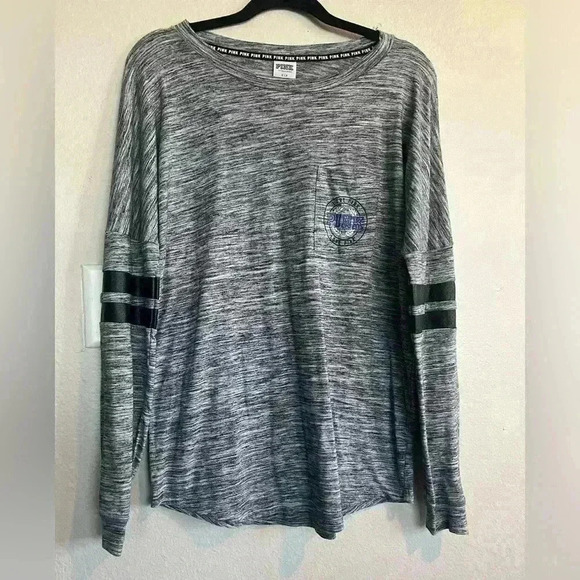 Victoria's Secret PINK Nation~Long Sleeve~Grey w/Blue Logo~ Tshirt Top~ Small - Picture 1 of 2